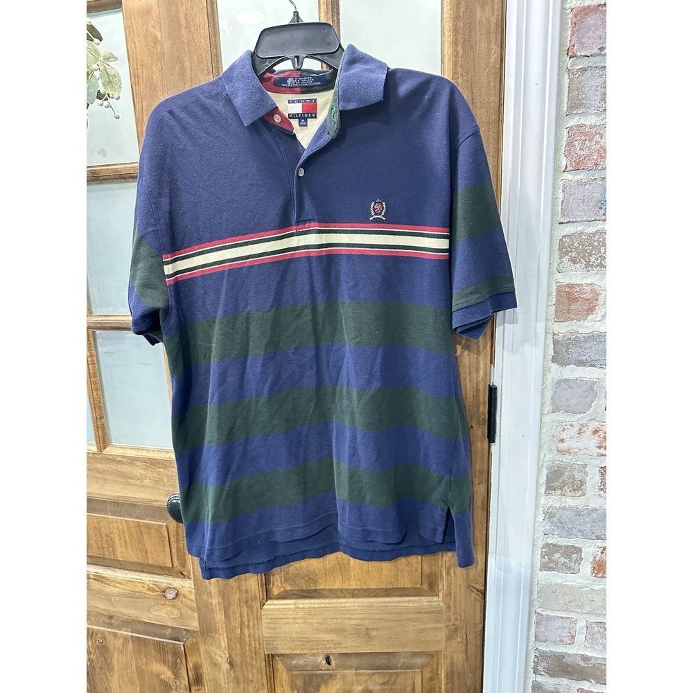 Tommy Hilfiger Polo Shirt Mens Medium Blue Green Striped Vintage 90s Crest Logo